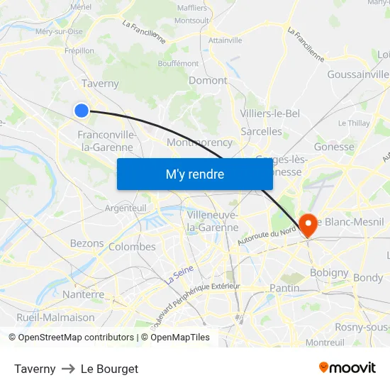 Taverny to Le Bourget map