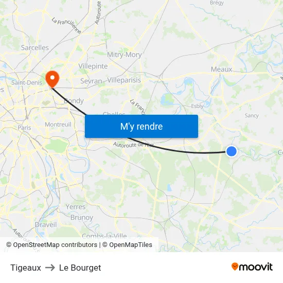 Tigeaux to Le Bourget map