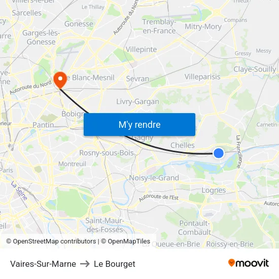 Vaires-Sur-Marne to Le Bourget map
