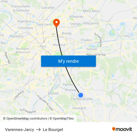 Varennes-Jarcy to Le Bourget map