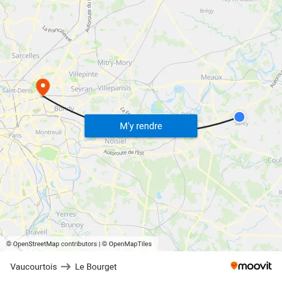 Vaucourtois to Le Bourget map