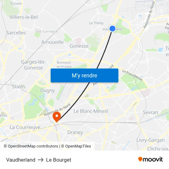 Vaudherland to Le Bourget map