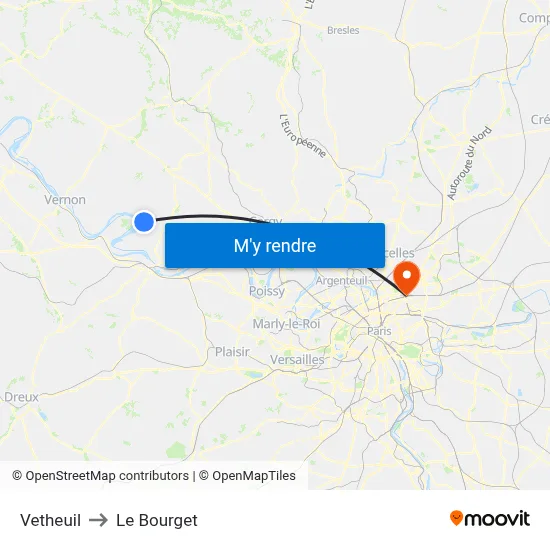 Vetheuil to Le Bourget map