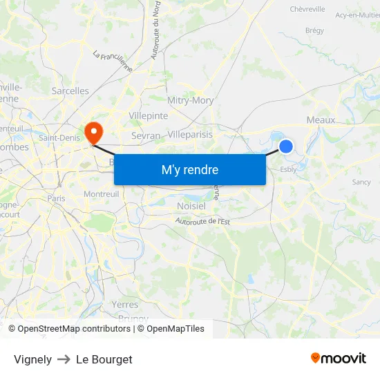 Vignely to Le Bourget map