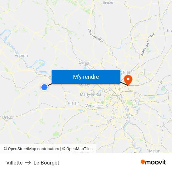Villette to Le Bourget map