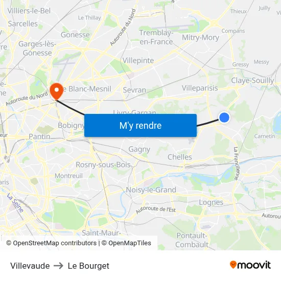 Villevaude to Le Bourget map