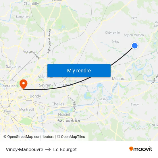 Vincy-Manoeuvre to Le Bourget map