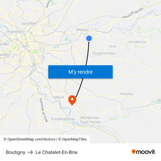 Boutigny to Le Chatelet-En-Brie map