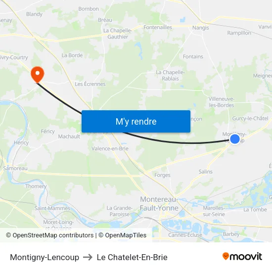 Montigny-Lencoup to Le Chatelet-En-Brie map
