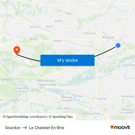 Sourdun to Le Chatelet-En-Brie map