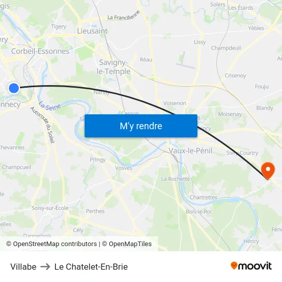 Villabe to Le Chatelet-En-Brie map