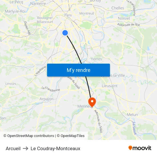 Arcueil to Le Coudray-Montceaux map