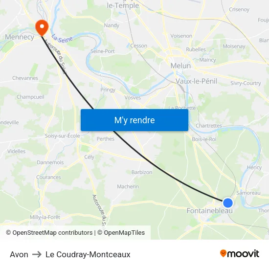 Avon to Le Coudray-Montceaux map