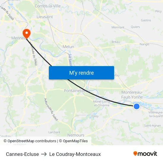 Cannes-Ecluse to Le Coudray-Montceaux map