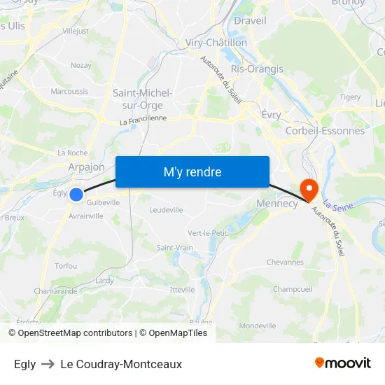 Egly to Le Coudray-Montceaux map