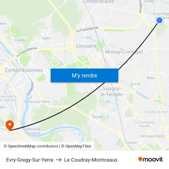 Evry-Gregy-Sur-Yerre to Le Coudray-Montceaux map