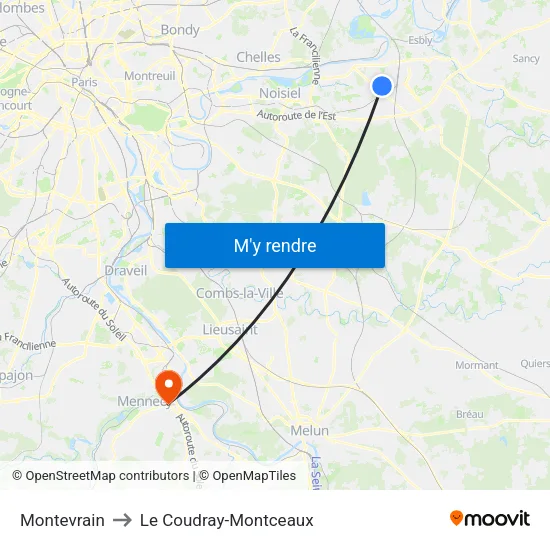 Montevrain to Le Coudray-Montceaux map