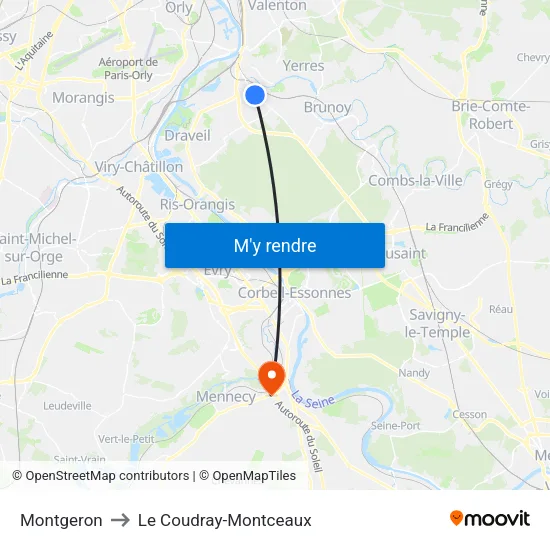 Montgeron to Le Coudray-Montceaux map