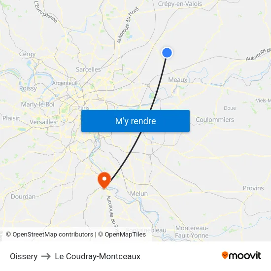 Oissery to Le Coudray-Montceaux map