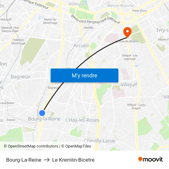 Bourg-La-Reine to Le Kremlin-Bicetre map