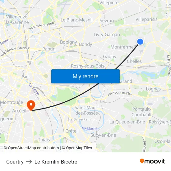 Courtry to Le Kremlin-Bicetre map