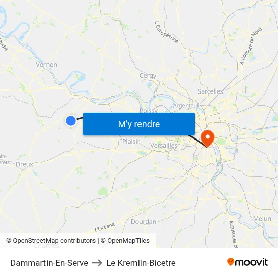 Dammartin-En-Serve to Le Kremlin-Bicetre map