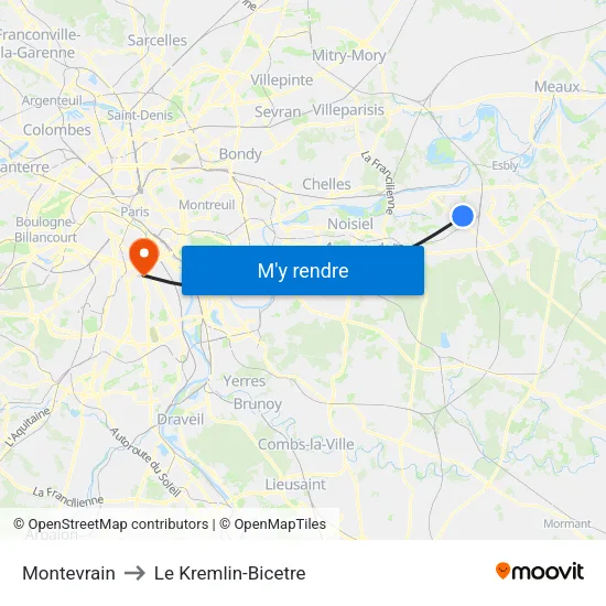 Montevrain to Le Kremlin-Bicetre map