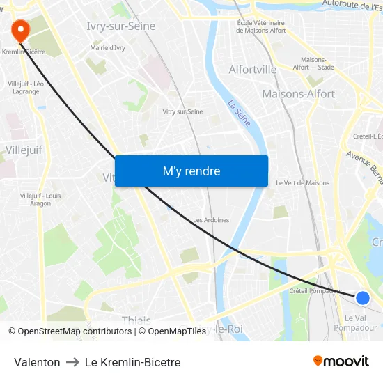Valenton to Le Kremlin-Bicetre map