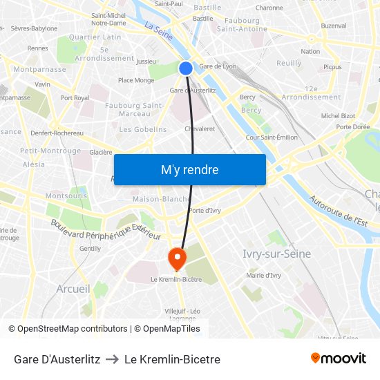 Gare D'Austerlitz to Le Kremlin-Bicetre map