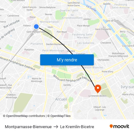 Montparnasse-Bienvenue to Le Kremlin-Bicetre map