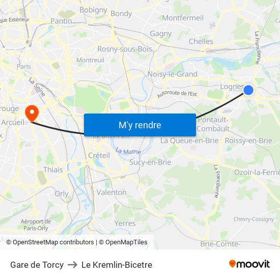 Gare de Torcy to Le Kremlin-Bicetre map