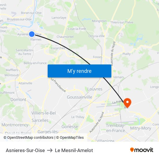 Asnieres-Sur-Oise to Le Mesnil-Amelot map
