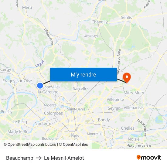 Beauchamp to Le Mesnil-Amelot map