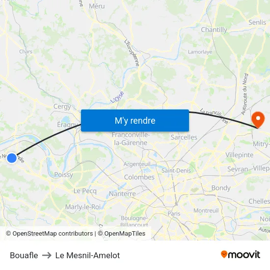 Bouafle to Le Mesnil-Amelot map