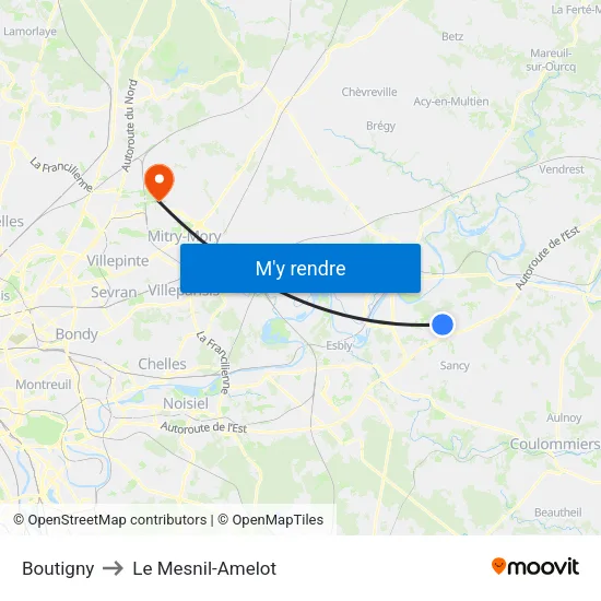 Boutigny to Le Mesnil-Amelot map