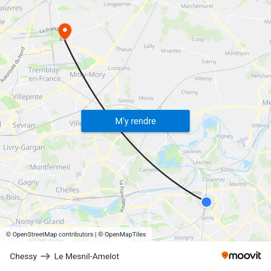 Chessy to Le Mesnil-Amelot map