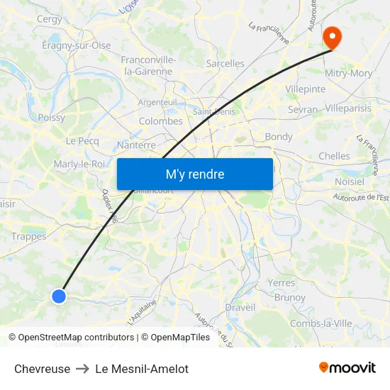 Chevreuse to Le Mesnil-Amelot map