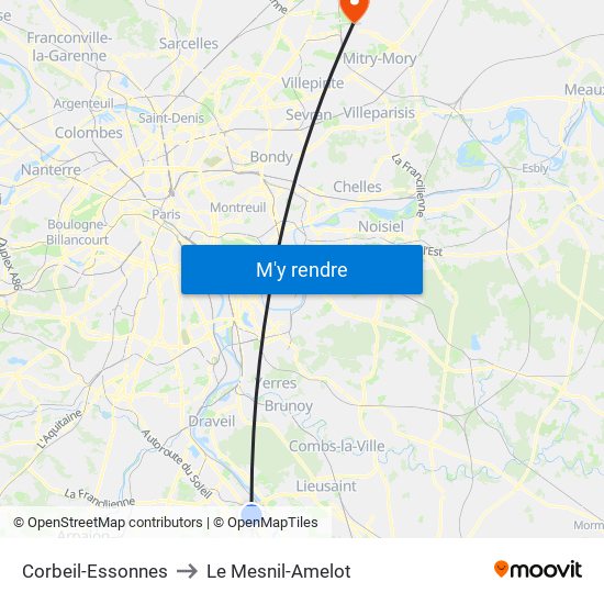 Corbeil-Essonnes to Le Mesnil-Amelot map