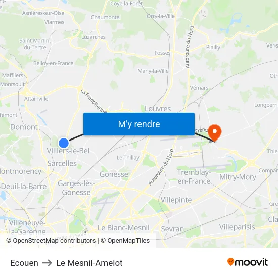 Ecouen to Le Mesnil-Amelot map