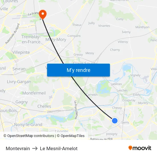 Montevrain to Le Mesnil-Amelot map