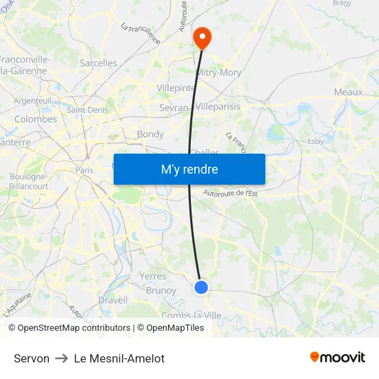 Servon to Le Mesnil-Amelot map