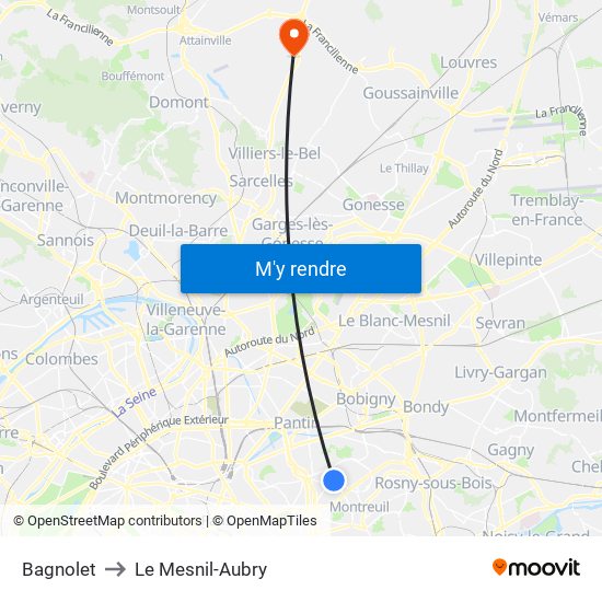 Bagnolet to Le Mesnil-Aubry map