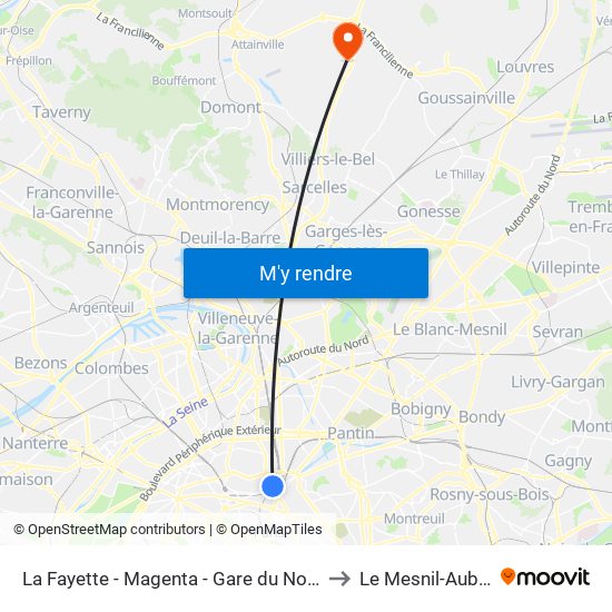 La Fayette - Magenta - Gare du Nord to Le Mesnil-Aubry map