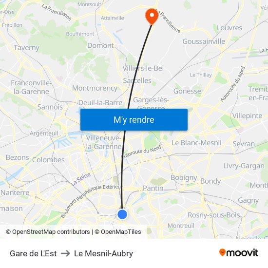 Gare de L'Est to Le Mesnil-Aubry map