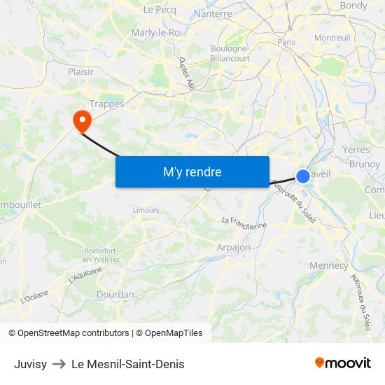 Juvisy to Le Mesnil-Saint-Denis map