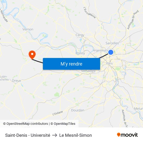 Saint-Denis - Université to Le Mesnil-Simon map