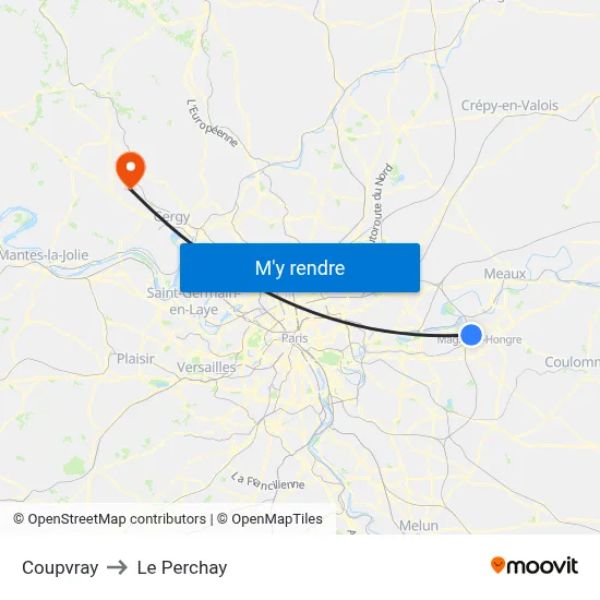 Coupvray to Le Perchay map