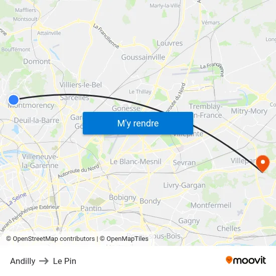 Andilly to Le Pin map