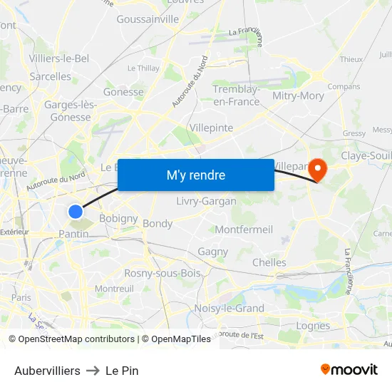 Aubervilliers to Le Pin map