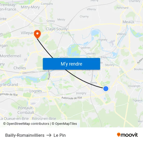 Bailly-Romainvilliers to Le Pin map